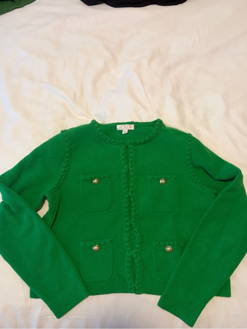 J. Crew Kelly Green Braided Pocket Cardigan